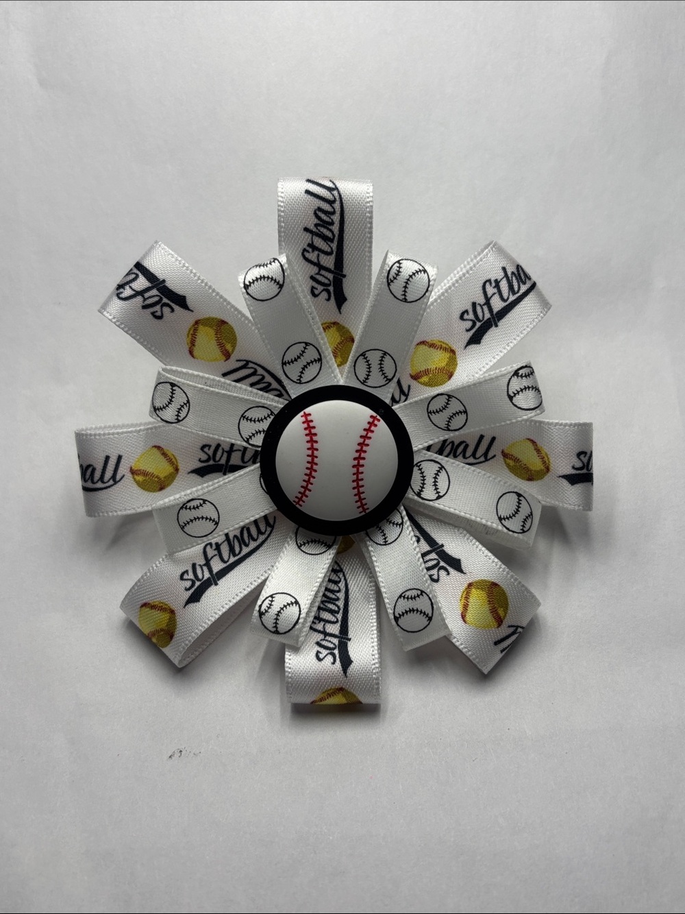 White Softball Ribbon Hair Bow with Softball Center